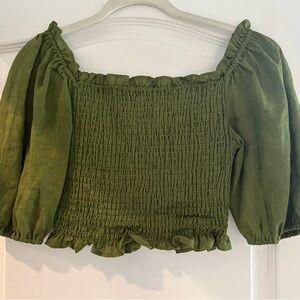 Boden Linen Olive Green Smocked Women's Top